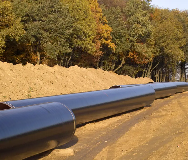 Pipeline sections staged along a construction corridor