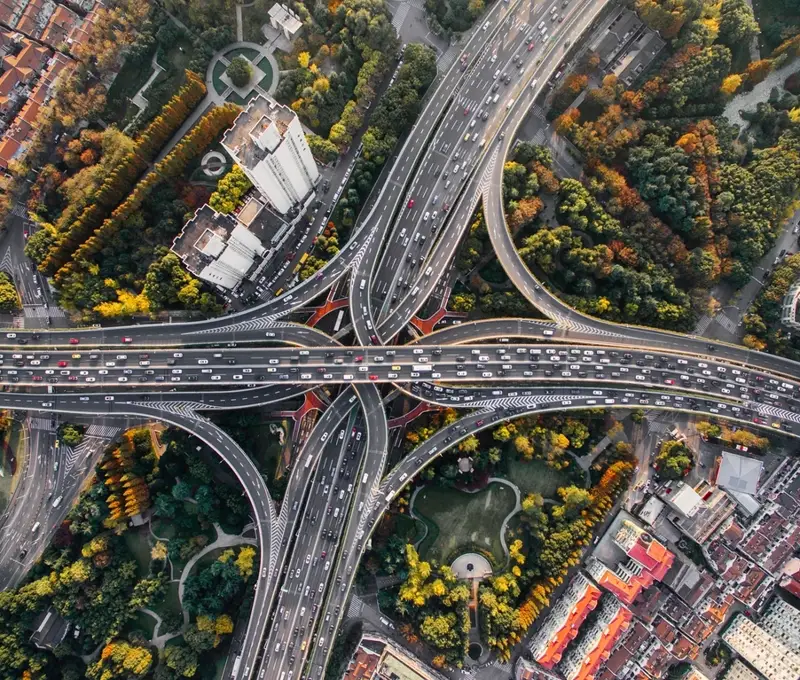 Aerial view of a multi-level highway interchange